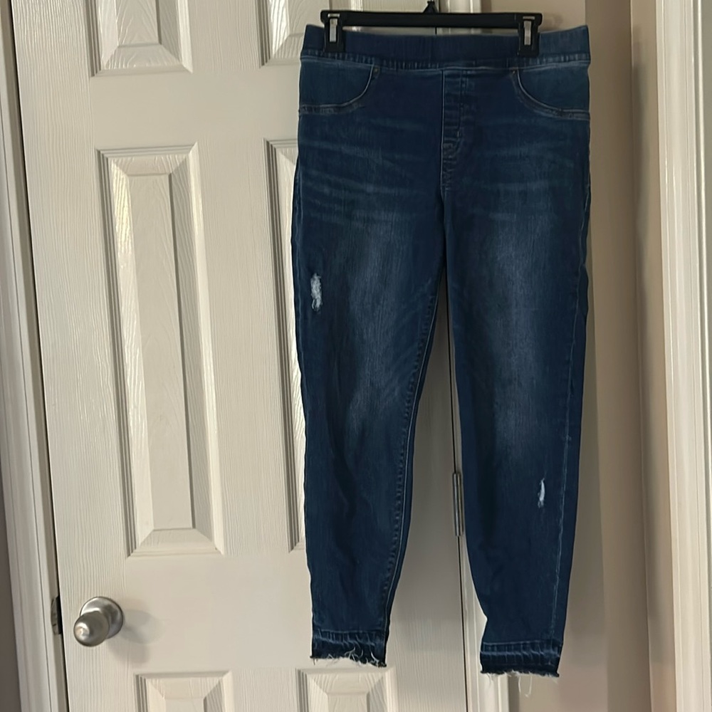 Spanx pull on distressed skinny jeans